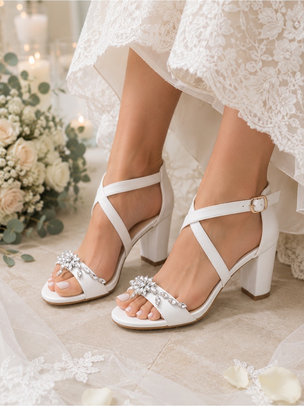 Luxury Bridal Crystal Block Heels White Wedding Shoes